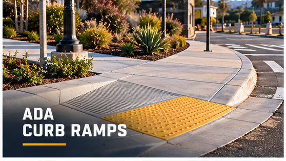 New concrete curb ramp at a street corner with a yellow detectable warning surface