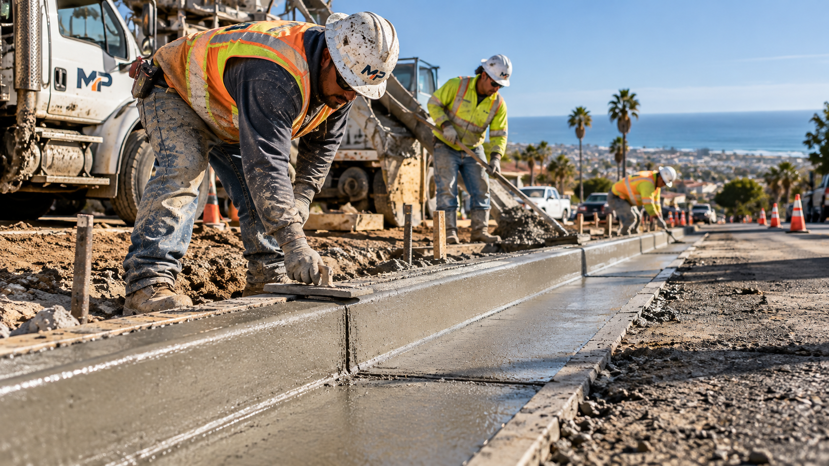 Finisher shaping a freshly poured concrete curb and gutter along an asphalt street