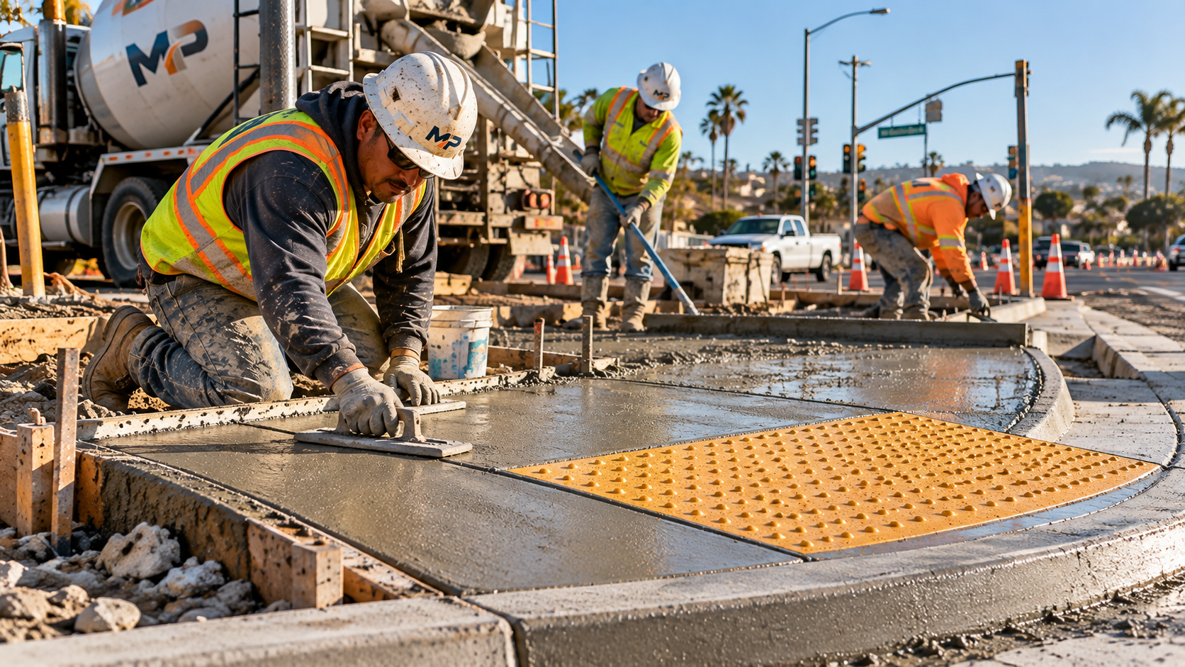 New concrete curb ramp at a street corner with a yellow detectable warning surface