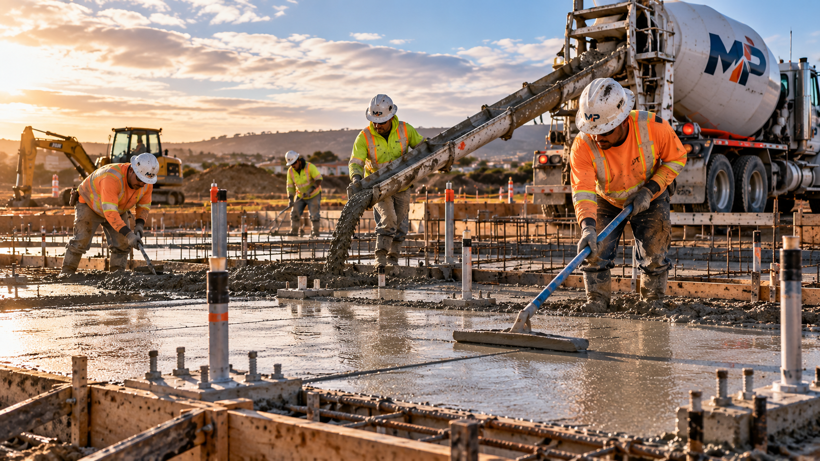 Worker tying rebar in excavated footings before a concrete foundation pour